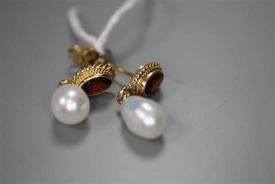 A pair of mid to late 20th century 9ct gold, garnet and freshwater pearl set drop earrings, 21mm, gross 3 grams.